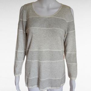 OST Pale Gray White Stipe Pointelle Cold Shoulder Sweater Size Medium